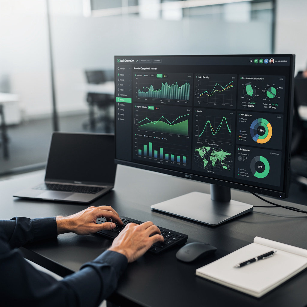 WallStreetGen financial software platform showing algorithmic data visualizations and market analysis dashboard for advisors and FP&A teams